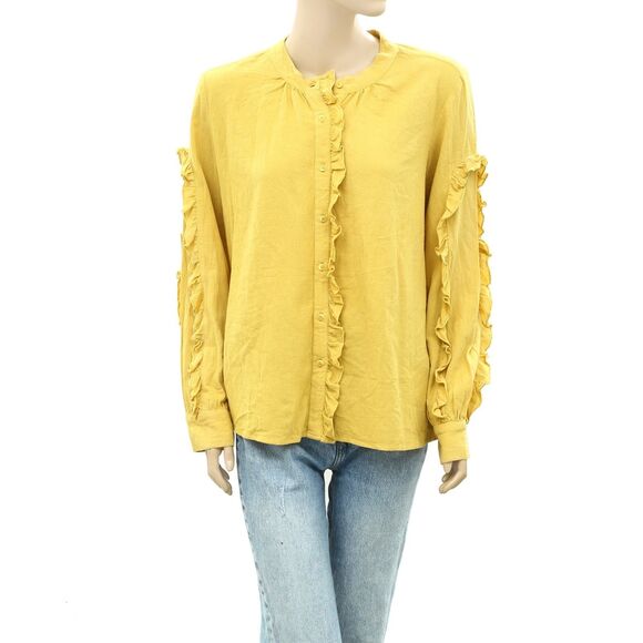 BA&SH Ochre Solid Buttondown Blouse Shirt Top Cotton Ruffle Yellow L NEW 251373 - Picture 4 of 7